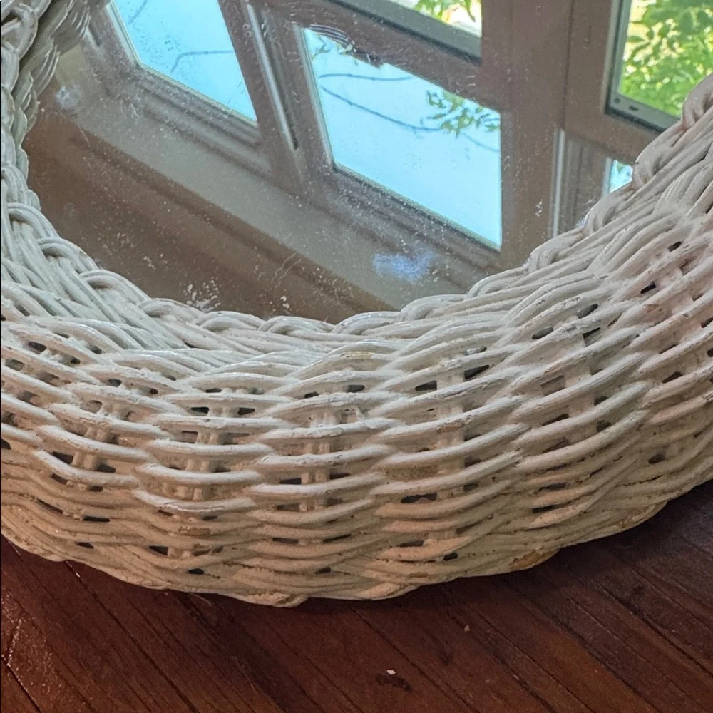 Vintage White Wicker Oval Wall Mirror